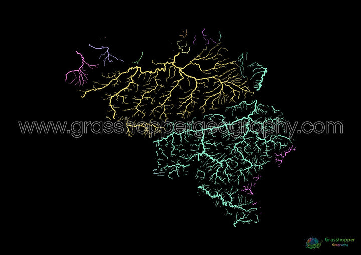 River basin map of Belgium, pastel colours on black - Fine Art Print