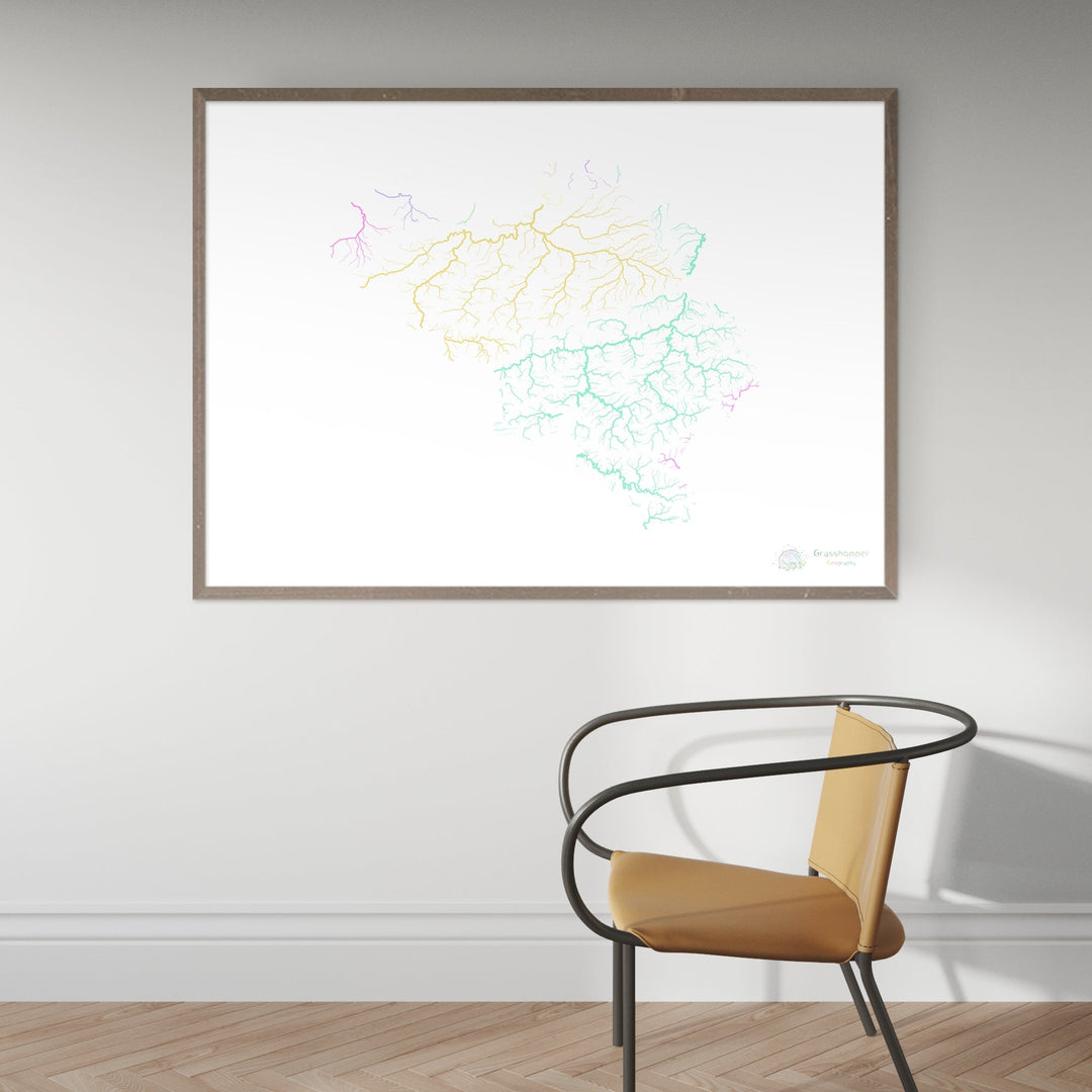 River basin map of Belgium, pastel colours on white - Fine Art Print