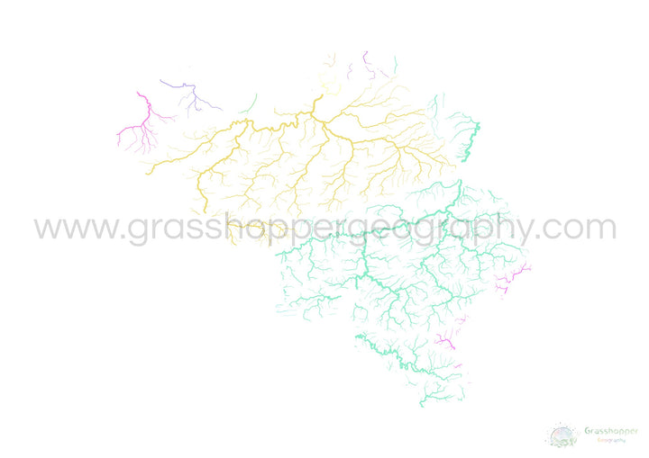 River basin map of Belgium, pastel colours on white - Fine Art Print