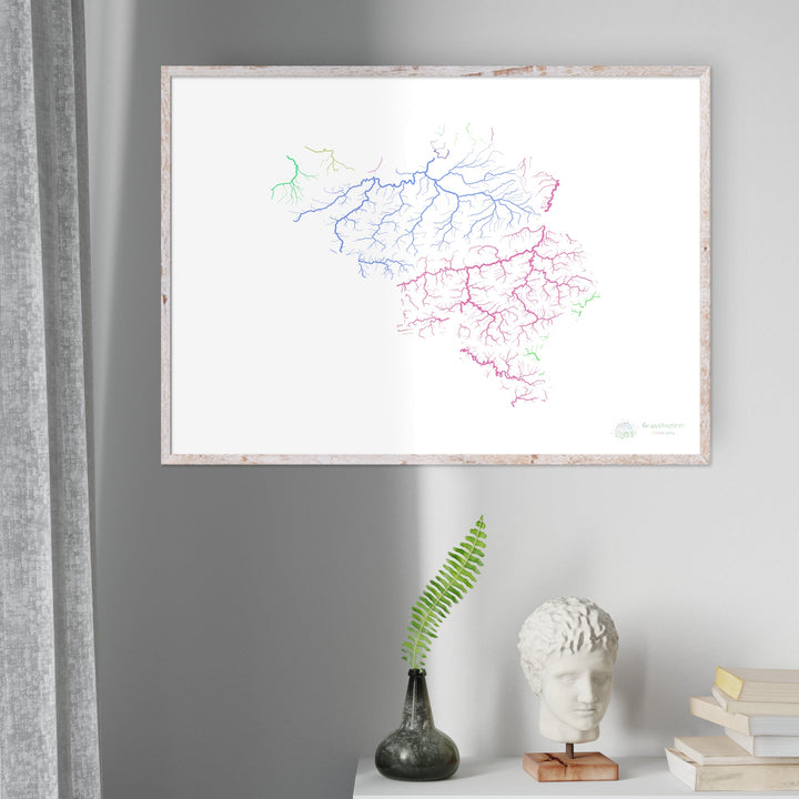 Belgique - Carte des bassins fluviaux, arc-en-ciel sur blanc - Fine Art Print