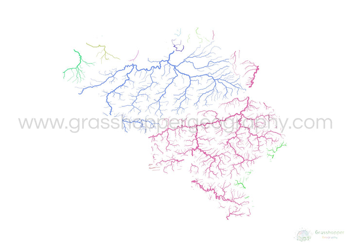 Bélgica - Mapa de cuencas fluviales, arco iris sobre blanco - Impresión de Bellas Artes