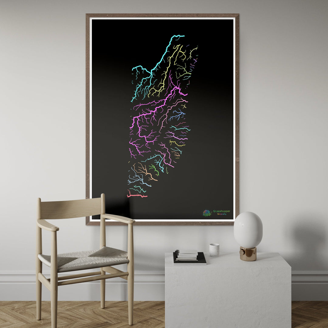 Belice - Mapa de la cuenca fluvial, pastel sobre negro - Impresión de Bellas Artes