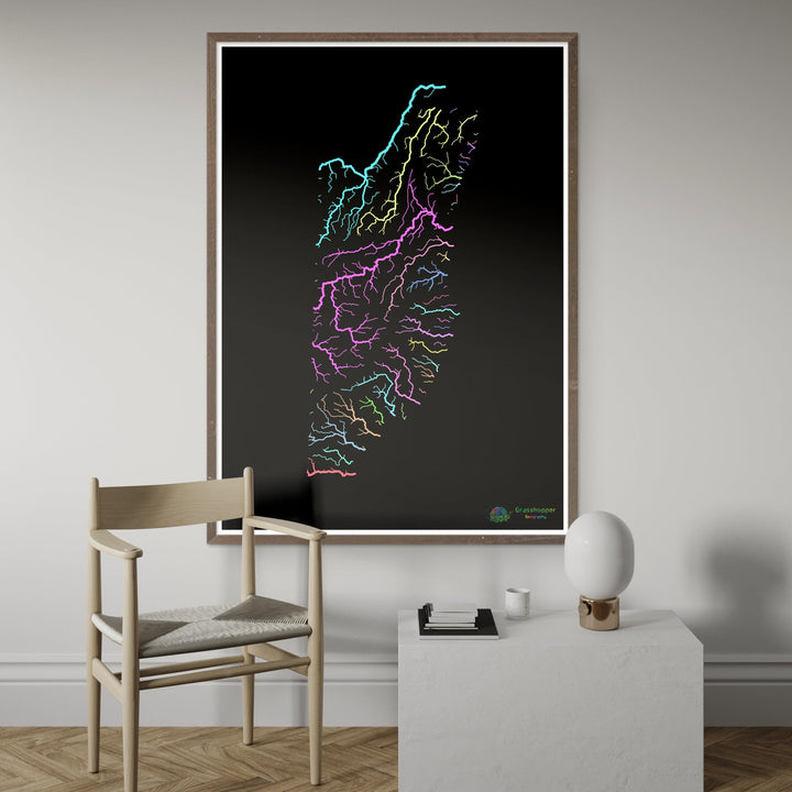 River basin map of Belize, pastel colours on black - Fine Art Print