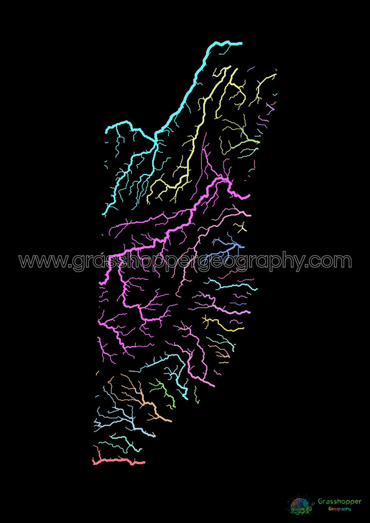 River basin map of Belize, pastel colours on black - Fine Art Print