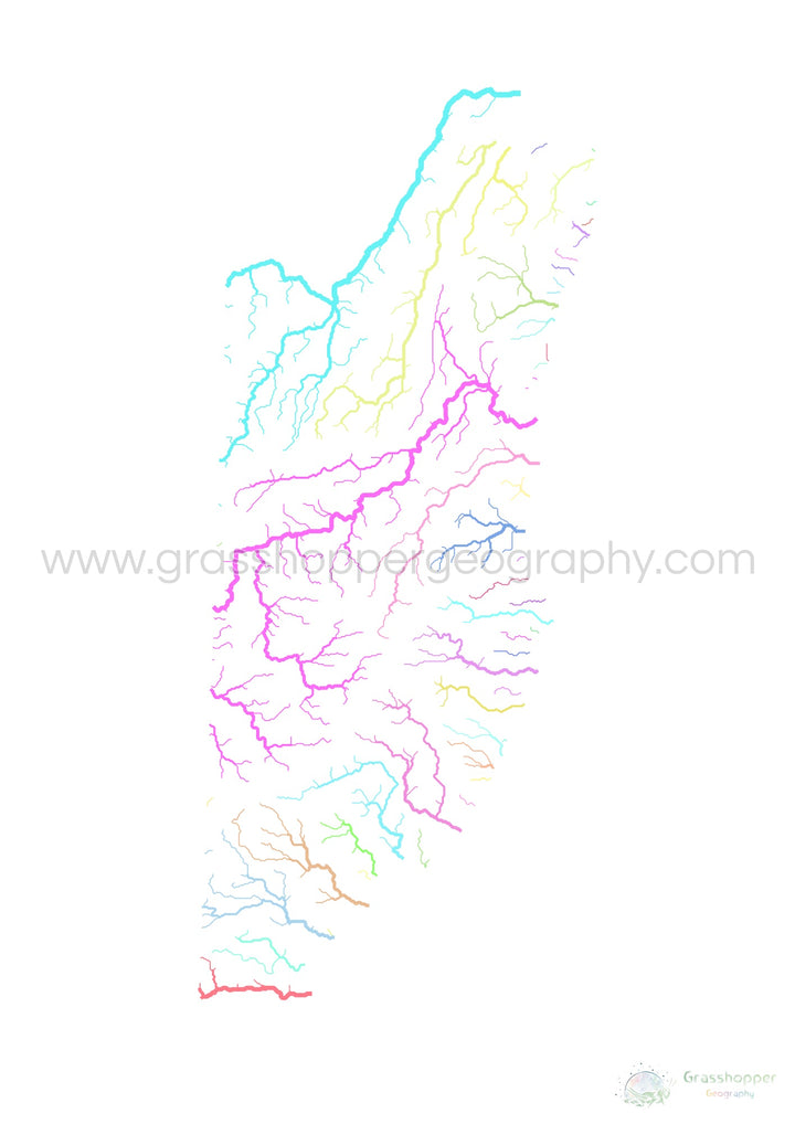 Belice - Mapa de la cuenca fluvial, pastel sobre blanco - Impresión de Bellas Artes