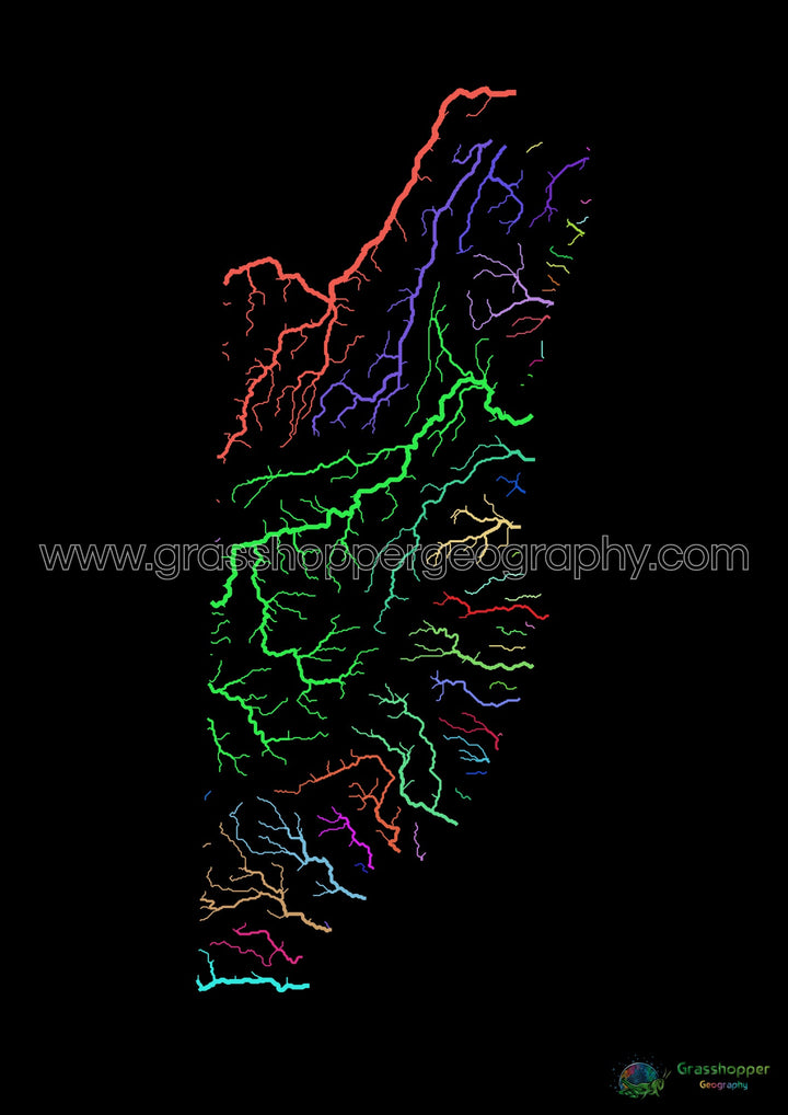 Belice - Mapa de la cuenca fluvial, arco iris sobre negro - Impresión de Bellas Artes