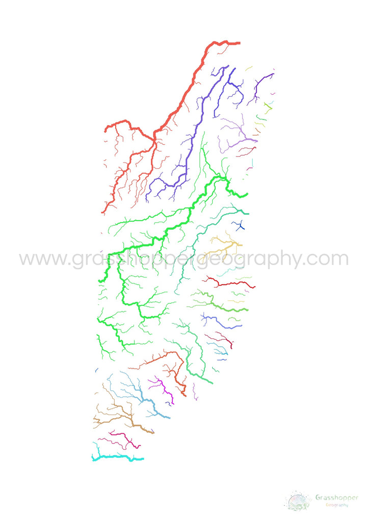 Belice - Mapa de la cuenca fluvial, arco iris sobre blanco - Impresión de Bellas Artes