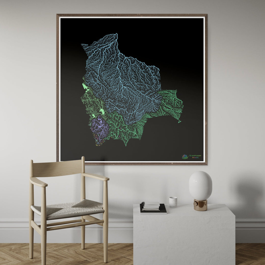 Bolivie - Carte des bassins fluviaux, pastel sur noir - Fine Art Print