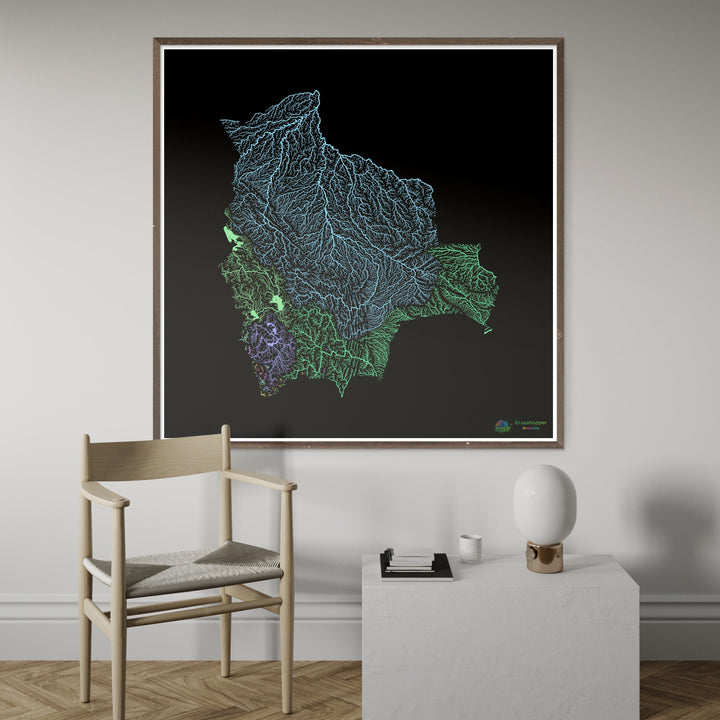 Bolivie - Carte des bassins fluviaux, pastel sur noir - Fine Art Print