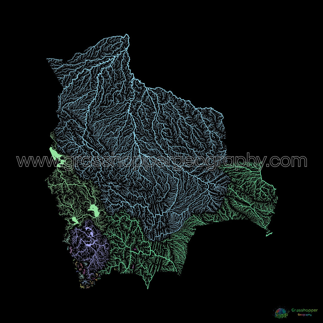 Bolivia - Mapa de la cuenca hidrográfica, pastel sobre negro - Impresión de Bellas Artes