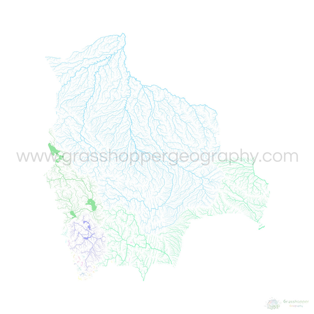 Bolivia - Mapa de la cuenca hidrográfica, pastel sobre blanco - Impresión de Bellas Artes