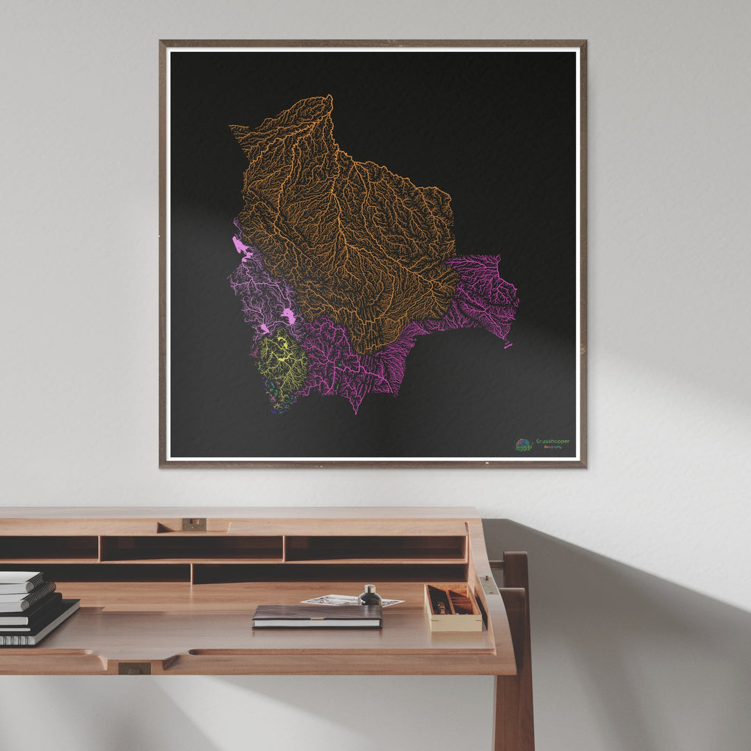 Bolivia - River basin map, rainbow on black - Fine Art Print