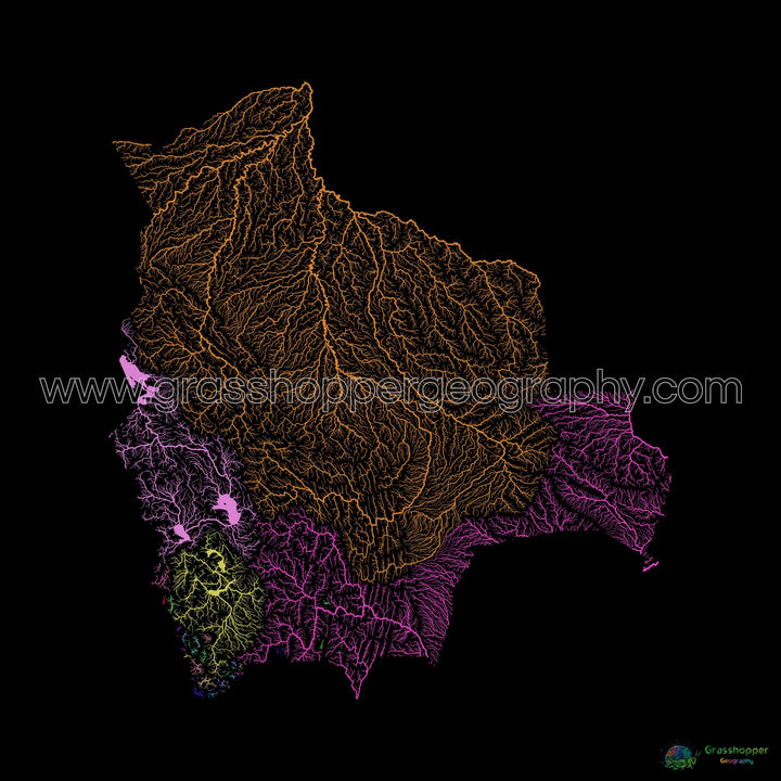 Bolivia - Mapa de cuencas fluviales, arcoíris sobre negro - Impresión de Bellas Artes