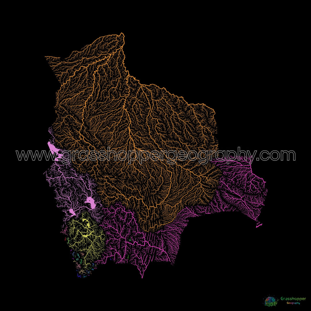 Bolivia - River basin map, rainbow on black - Fine Art Print