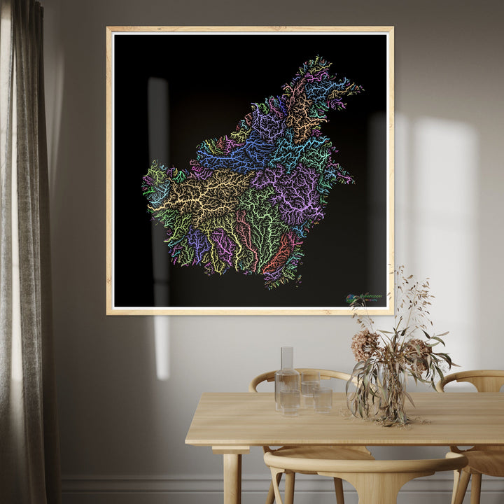 River basin map of Borneo, pastel colours on black - Fine Art Print