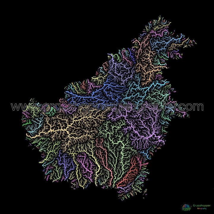 River basin map of Borneo, pastel colours on black - Fine Art Print