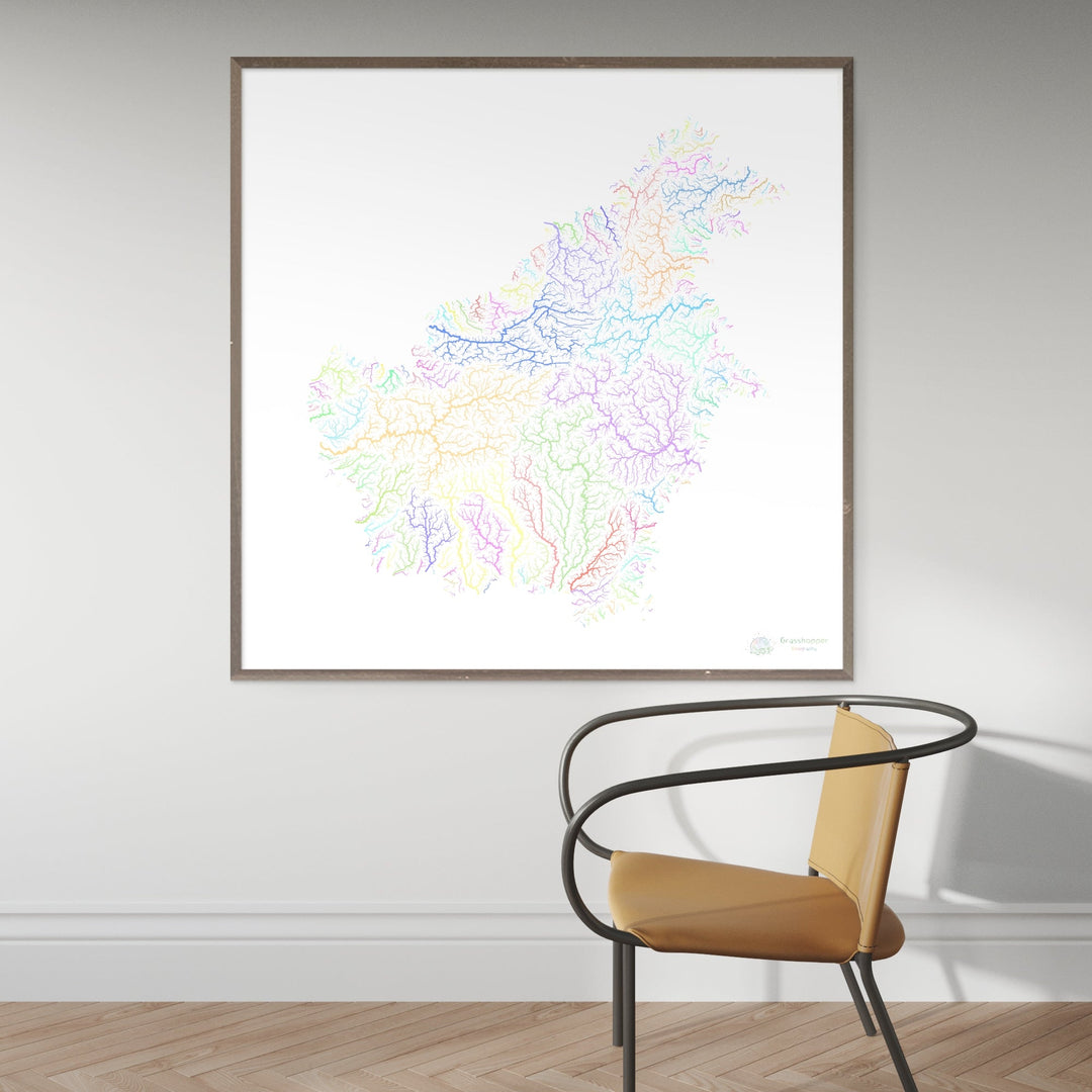 River basin map of Borneo, pastel colours on white - Fine Art Print