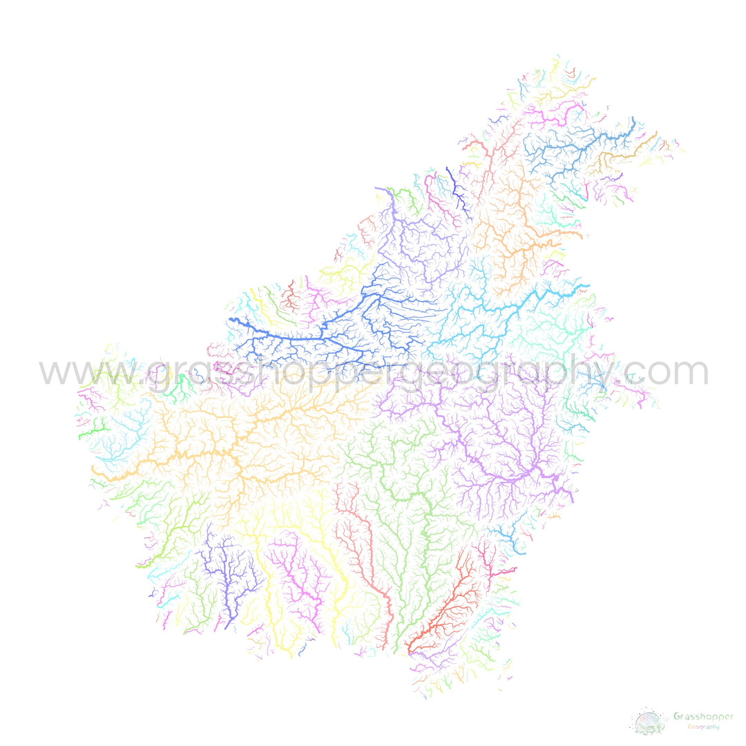 River basin map of Borneo, pastel colours on white - Fine Art Print