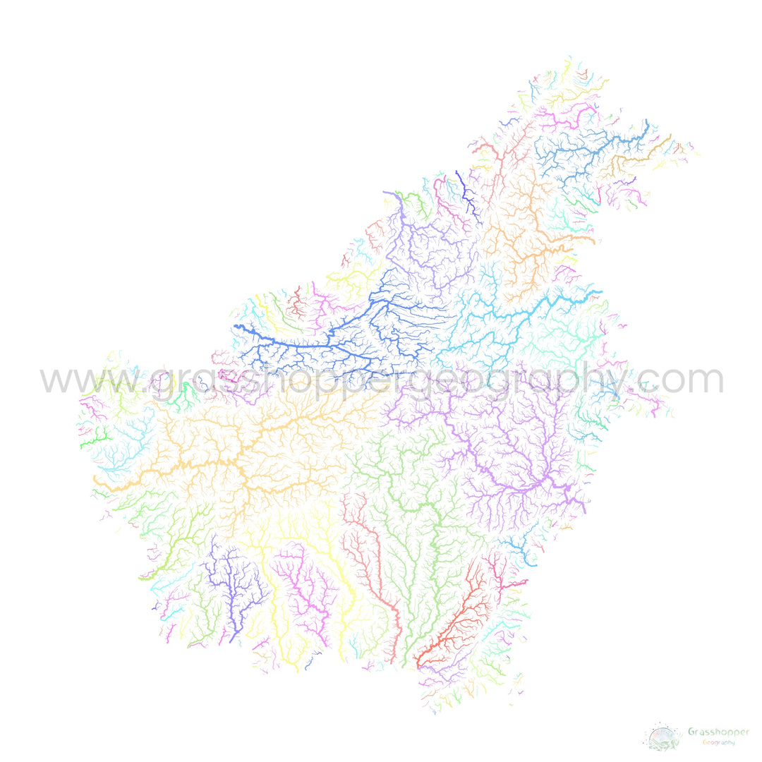 Borneo - River basin map, pastel on white - Fine Art Print