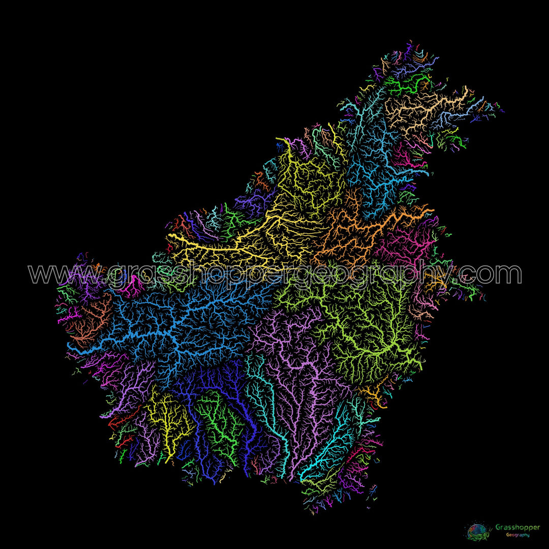 Borneo - River basin map, rainbow on black - Fine Art Print