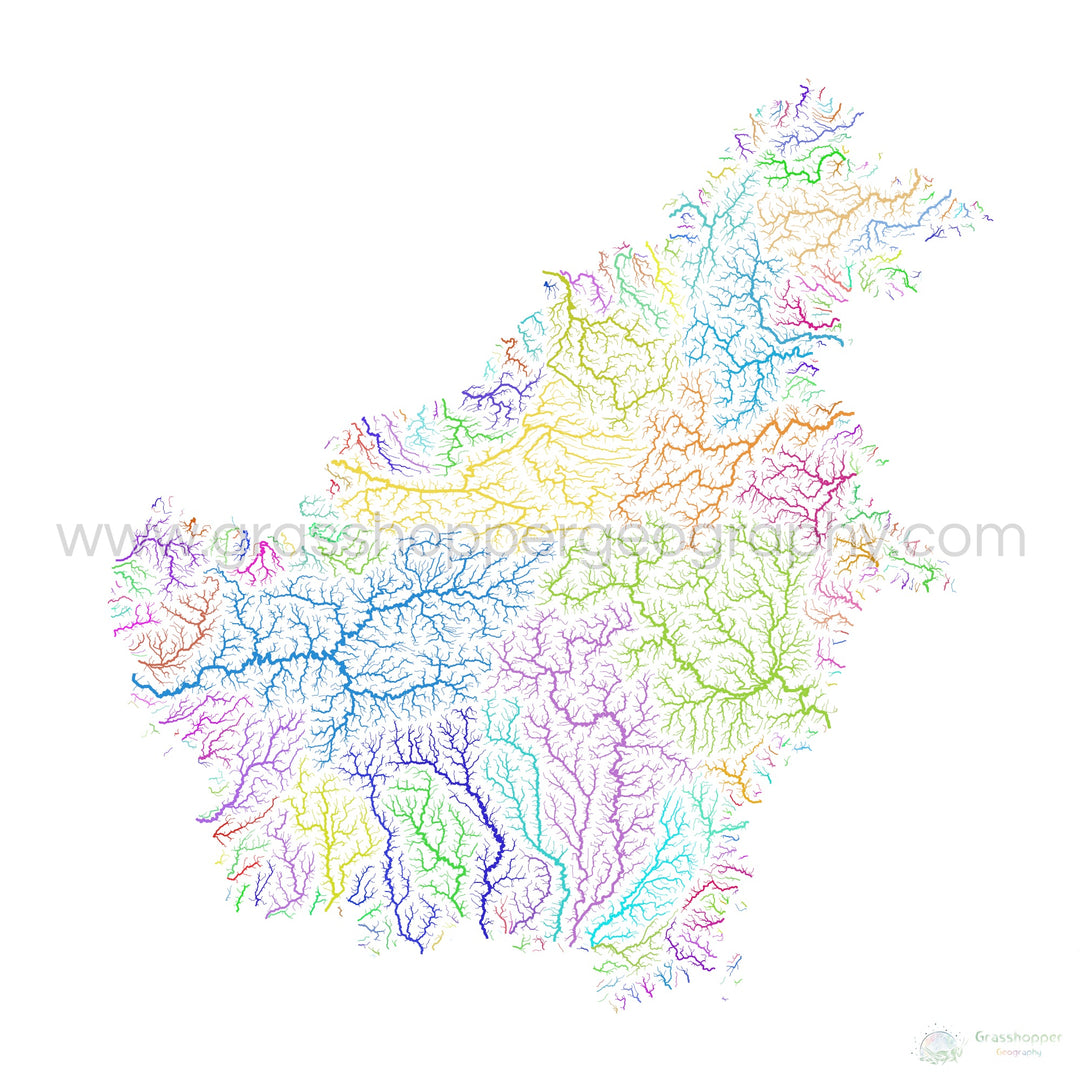 River basin map of Borneo, rainbow colours on white Fine Art Print