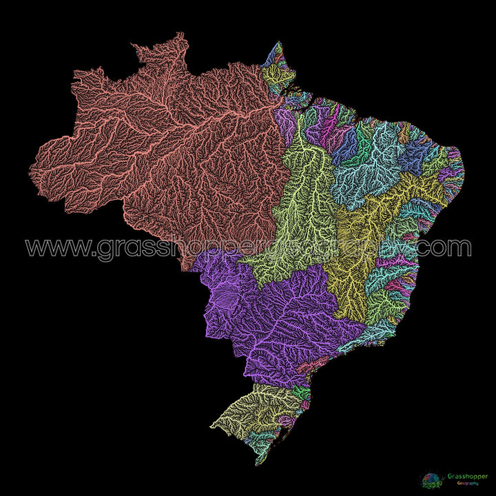 Brasil - Mapa de la cuenca hidrográfica, pastel sobre negro - Impresión de Bellas Artes