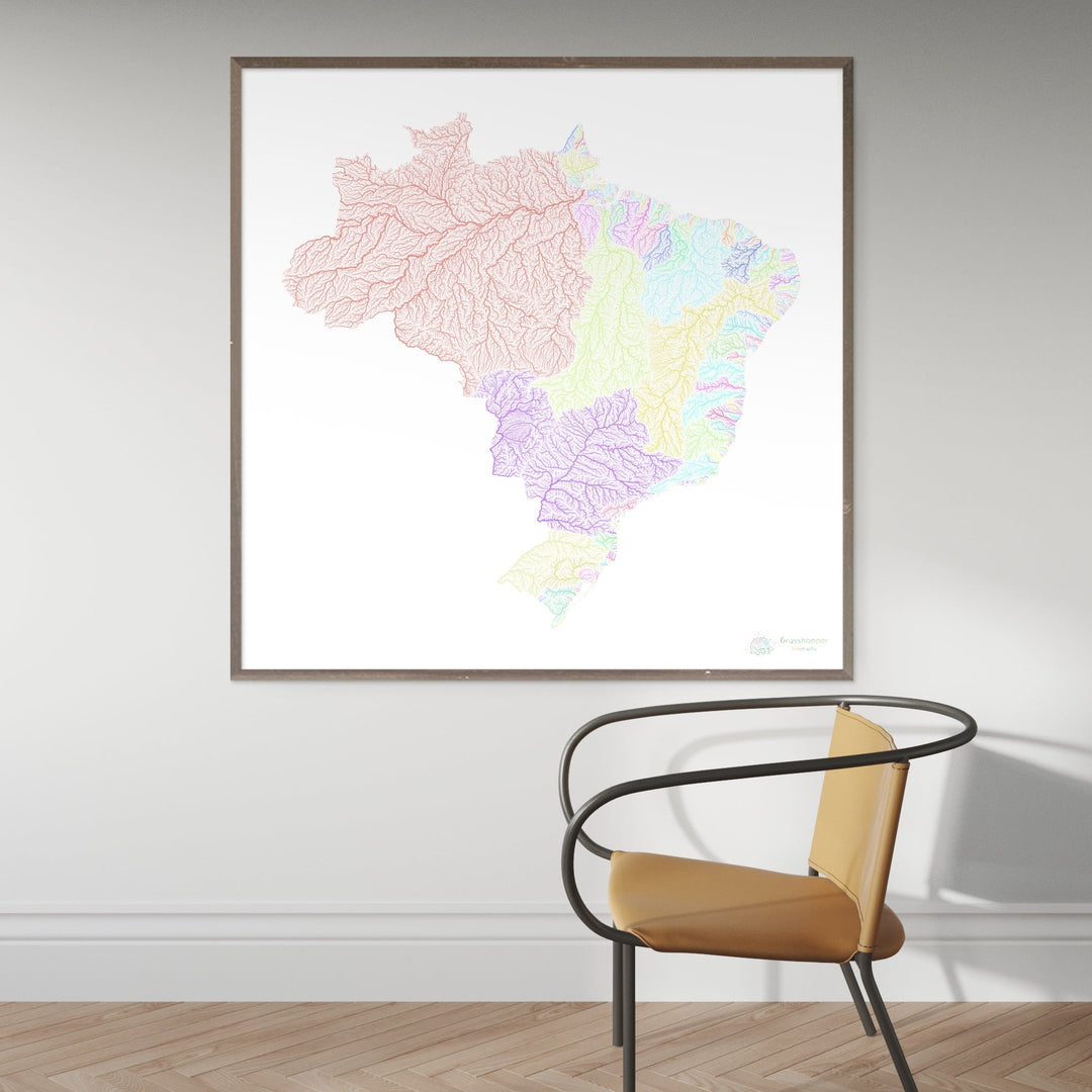 Brazil - River basin map, pastel on white - Fine Art Print