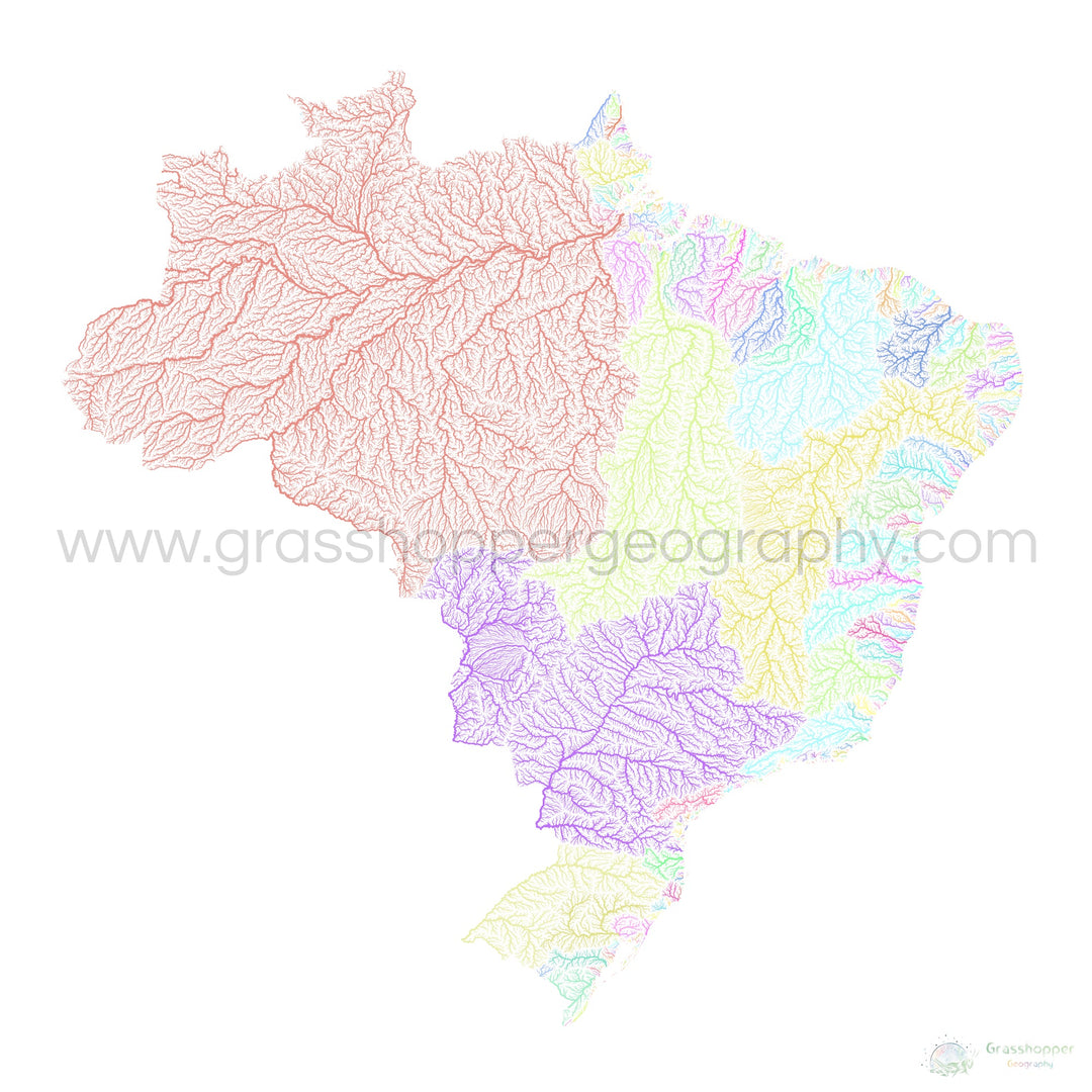 River basin map of Brazil, pastel colours on white - Fine Art Print