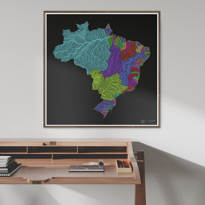 Brasil - Mapa de cuencas fluviales, arcoíris sobre negro - Impresión de Bellas Artes