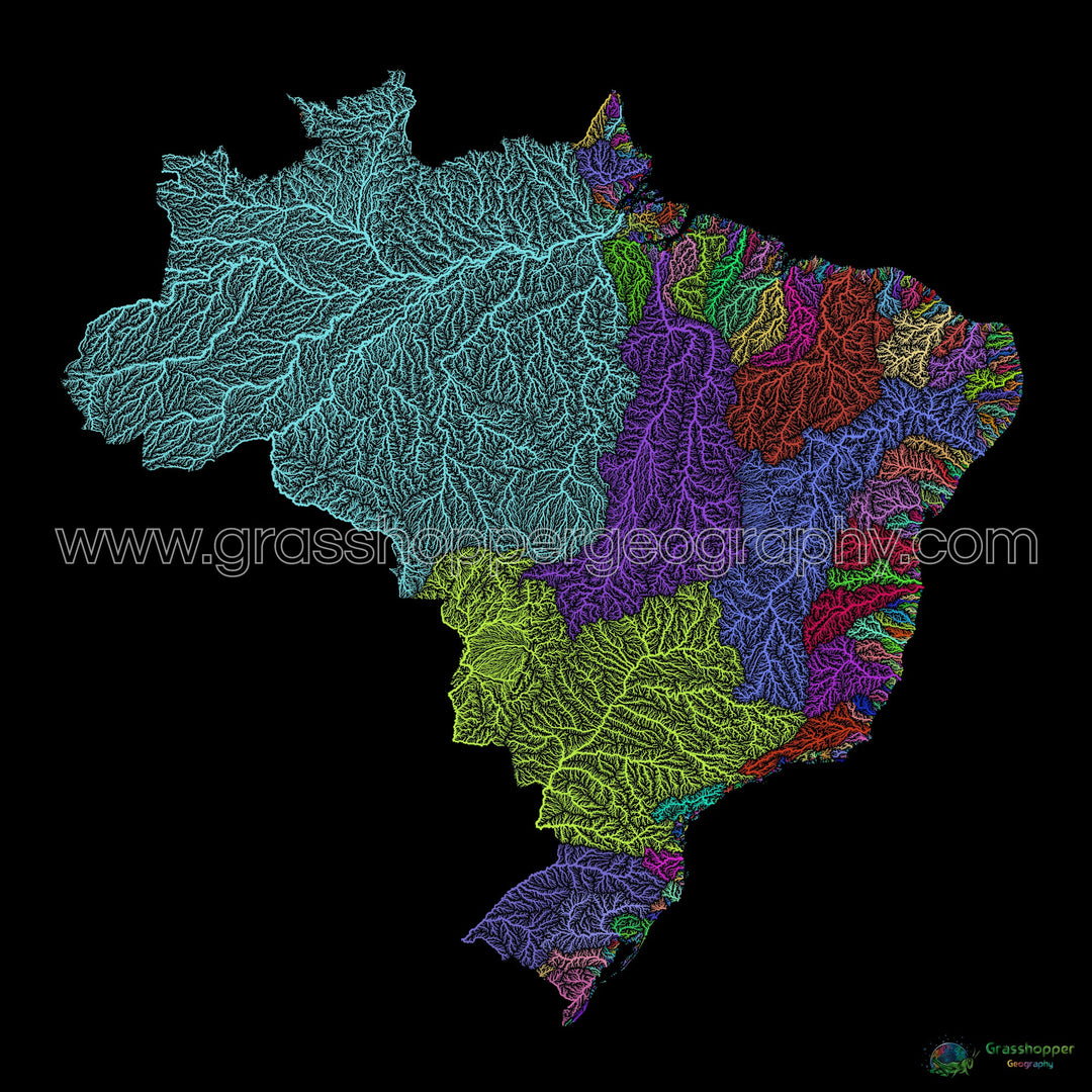 Brésil - Carte des bassins fluviaux, arc-en-ciel sur noir - Fine Art Print