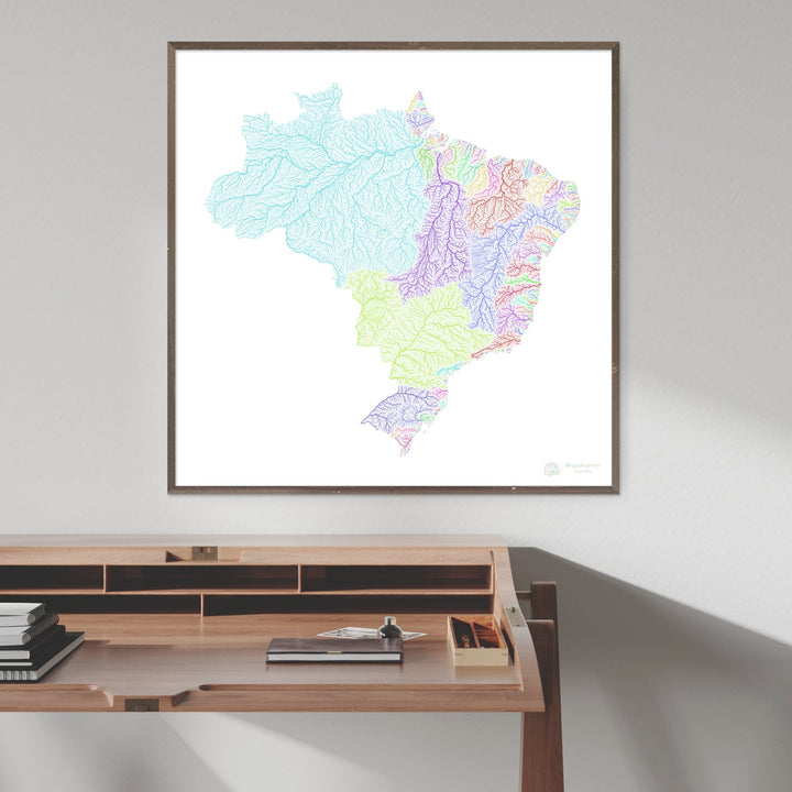 Brésil - Carte des bassins fluviaux, arc-en-ciel sur blanc - Fine Art Print
