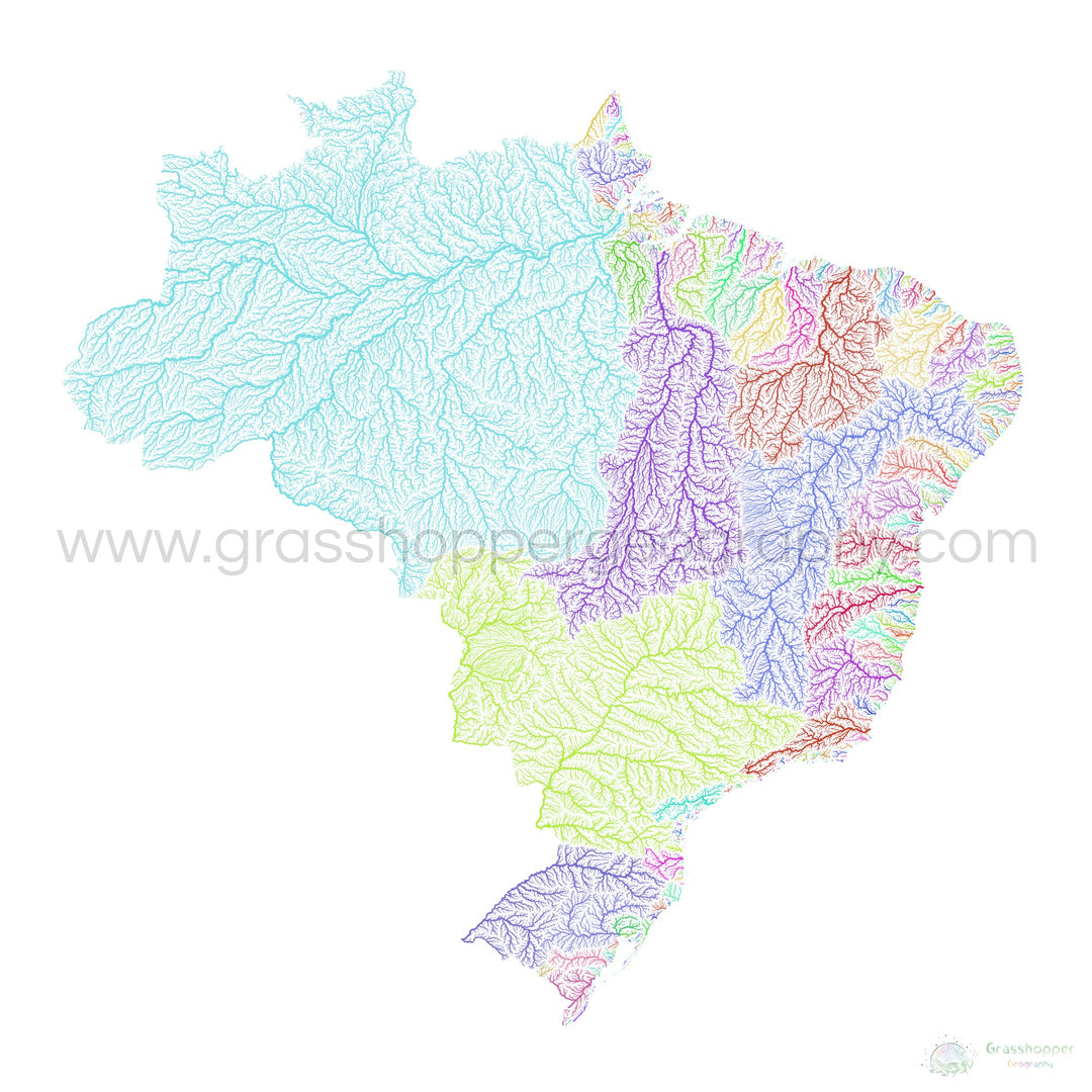 Brasil - Mapa de cuencas fluviales, arco iris sobre blanco - Impresión de Bellas Artes