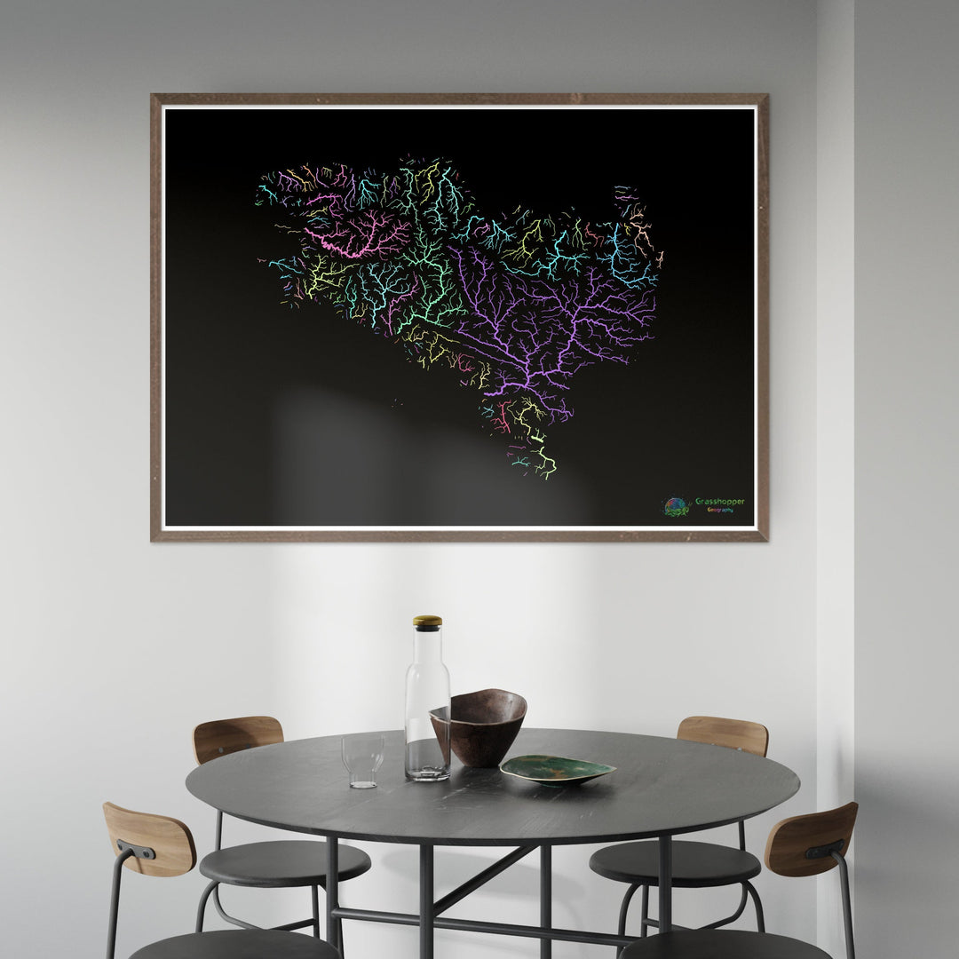 River basin map of Bretagne, pastel colours on black - Fine Art Print