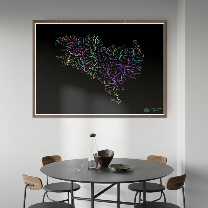 River basin map of Bretagne, pastel colours on black - Fine Art Print