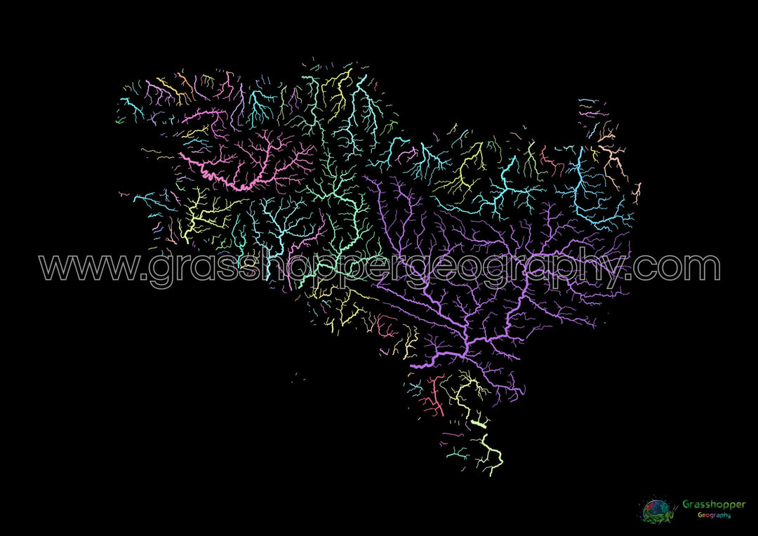 River basin map of Bretagne, pastel colours on black - Fine Art Print
