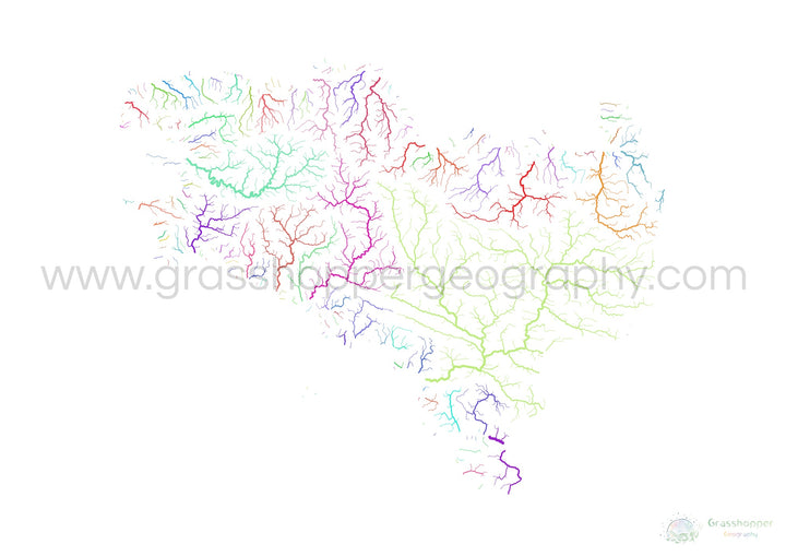 Bretagne - Mapa de la cuenca del río, arco iris sobre blanco - - Impresión de Bellas Artes