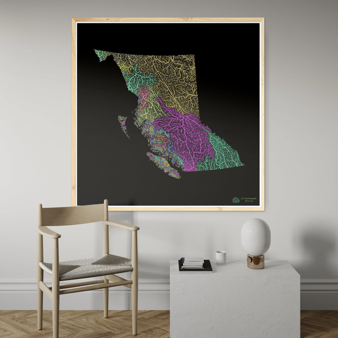 River basin map of British Columbia, pastel colours on black - Fine Art Print