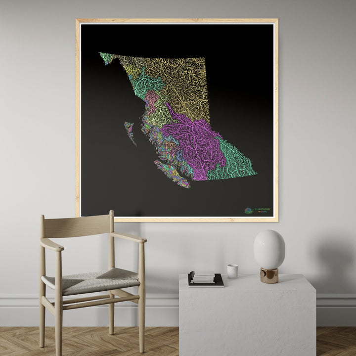 River basin map of British Columbia, pastel colours on black - Fine Art Print