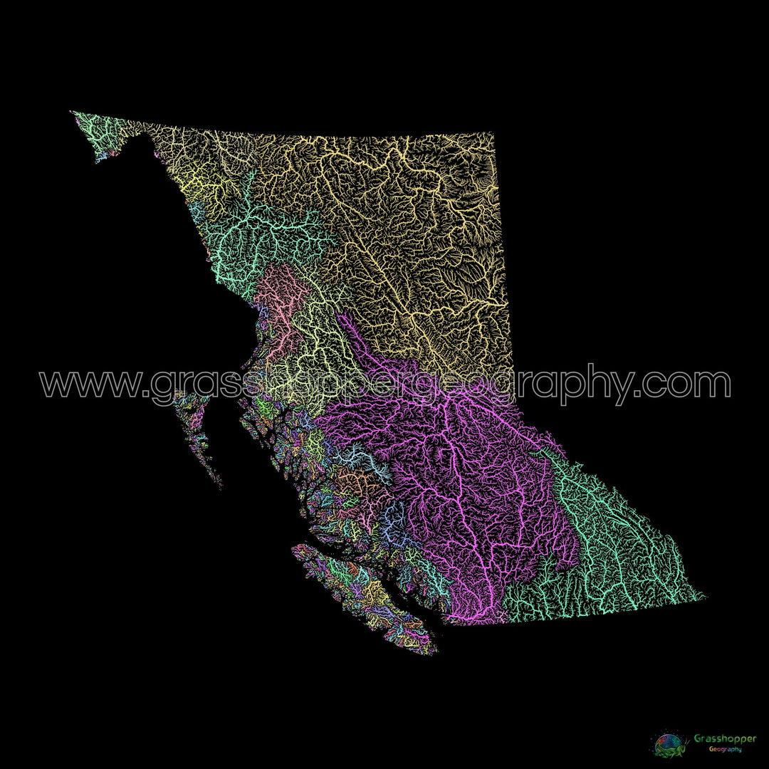 River basin map of British Columbia, pastel colours on black - Fine Art Print