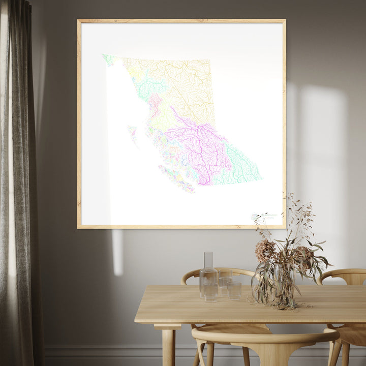 River basin map of British Columbia, pastel colours on white - Fine Art Print