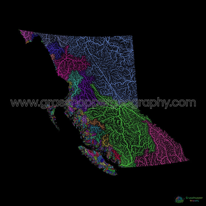 River basin map of British Columbia, rainbow colours on black - Fine Art Print