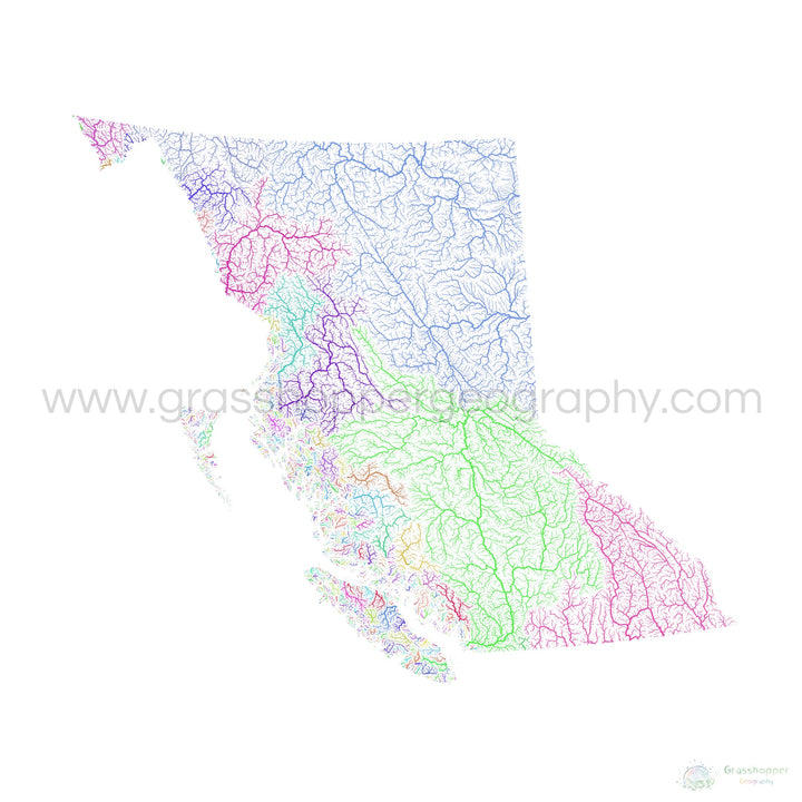 British Columbia - River basin map, rainbow on white - Fine Art Print