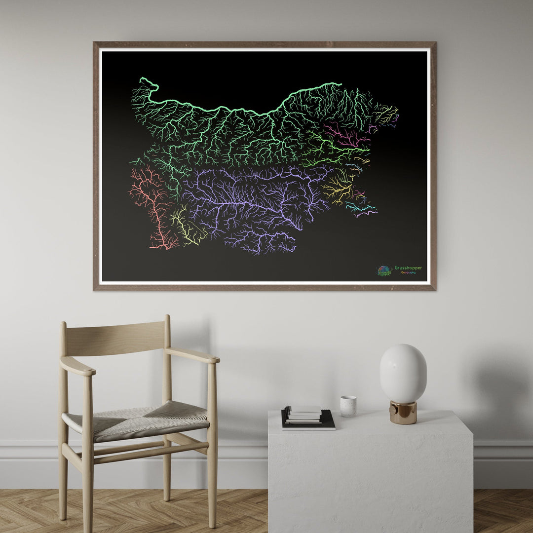 Bulgaria - River basin map, pastel on black - Fine Art Print