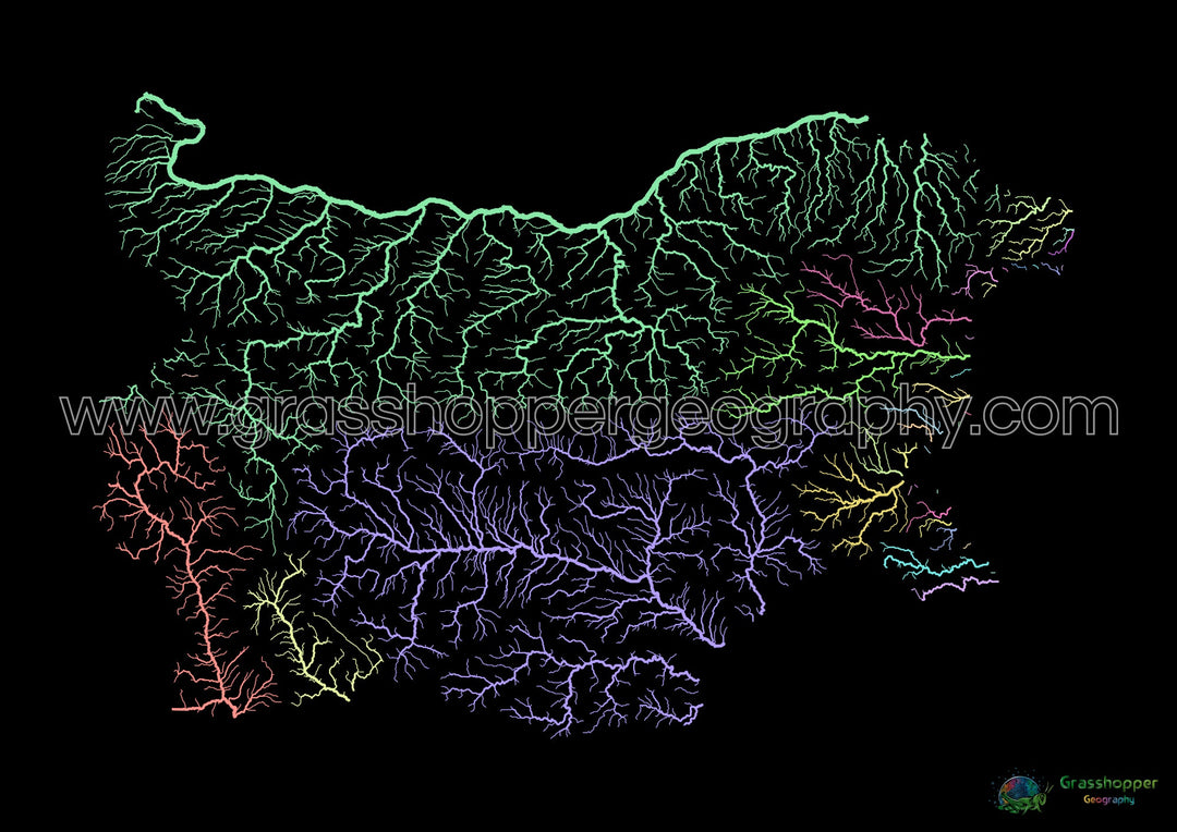 Bulgaria - River basin map, pastel on black - Fine Art Print