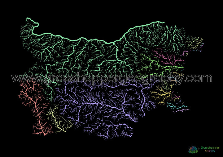 Bulgaria - River basin map, pastel on black - Fine Art Print