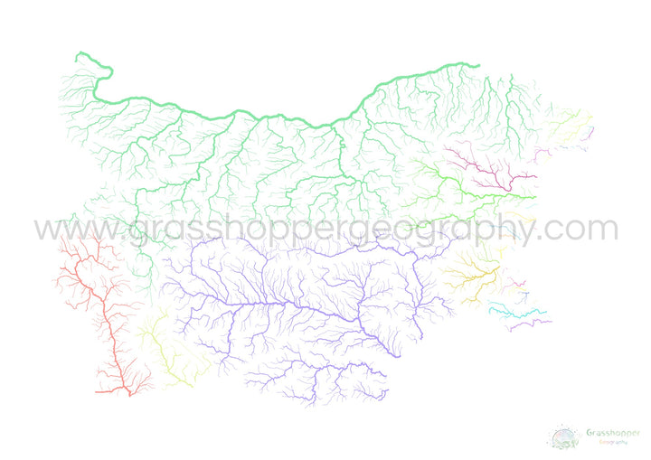 River basin map of Bulgaria, pastel colours on white - Fine Art Print