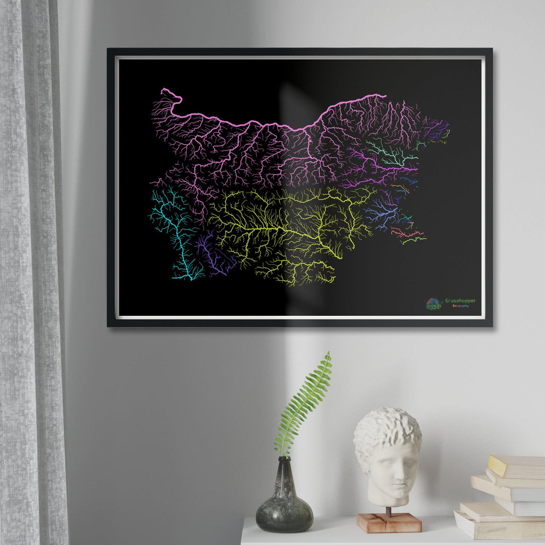 River basin map of Bulgaria, rainbow colours on black - Fine Art Print