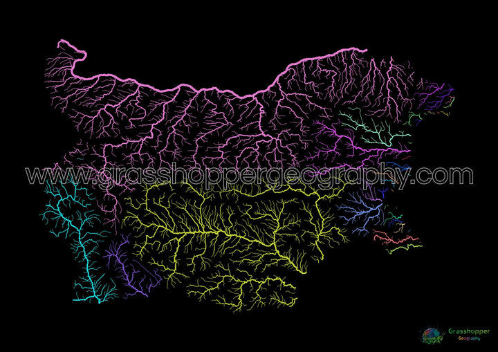 River basin map of Bulgaria, rainbow colours on black - Fine Art Print