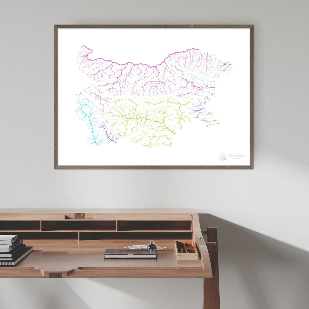 Bulgaria - River basin map, rainbow on white - Fine Art Print