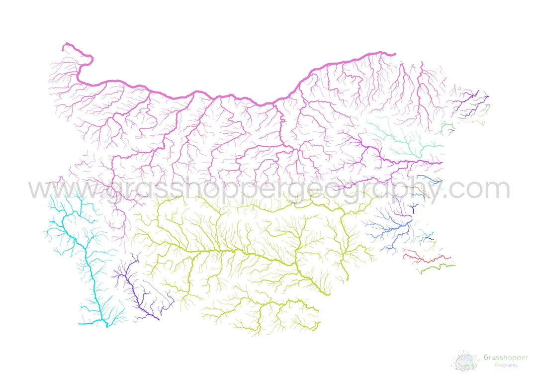 Bulgaria - River basin map, rainbow on white - Fine Art Print